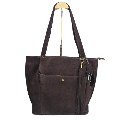 Laura Biaggi torebka damska typu shopper zamszowa skóra naturalna brązowa czekoladowa elegancka pojemna włoska torebka shopper do pracy na co dzień TS-AB926