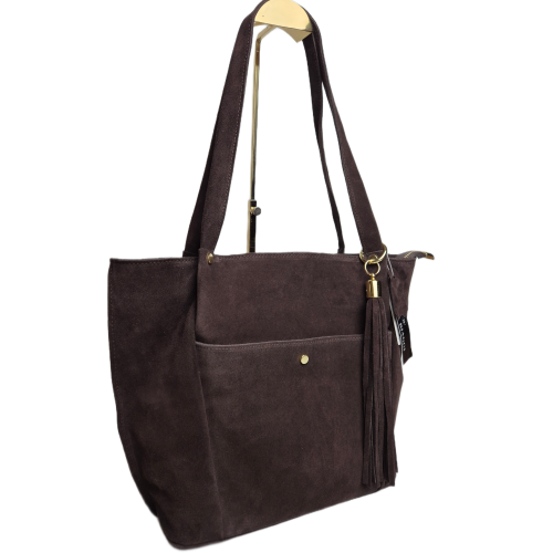 Laura Biaggi torebka damska typu shopper zamszowa skóra naturalna brązowa czekoladowa elegancka pojemna włoska torebka shopper do pracy na co dzień TS-AB926