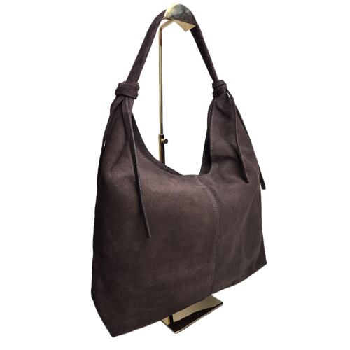 Vera Pelle włoska torebka damska zamszowa hobo bag brązowa czekoladowa boho z frędzlami skóra naturalna zamszowa torebka czekoladowy worek zamszowy