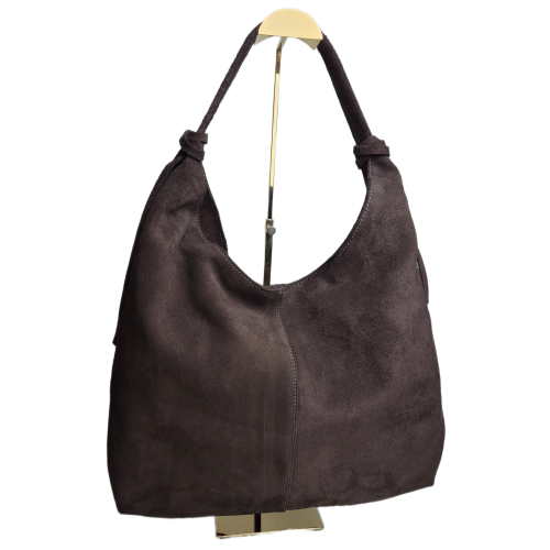 Vera Pelle włoska torebka damska zamszowa hobo bag brązowa czekoladowa boho z frędzlami skóra naturalna zamszowa torebka czekoladowy worek zamszowy