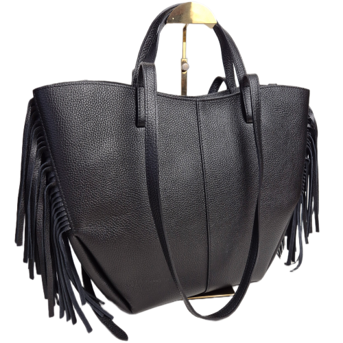 Borse in Pelle duża czarna włoska torebka shopper z frędzlami skóra naturalna boho włoska pojemna shopperka licowa czarna
