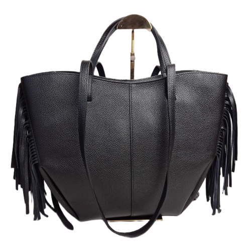 Borse in Pelle duża czarna włoska torebka shopper z frędzlami skóra naturalna boho włoska pojemna shopperka licowa czarna