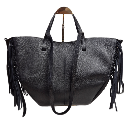 Borse in Pelle duża czarna włoska torebka shopper z frędzlami skóra naturalna boho włoska pojemna shopperka licowa czarna