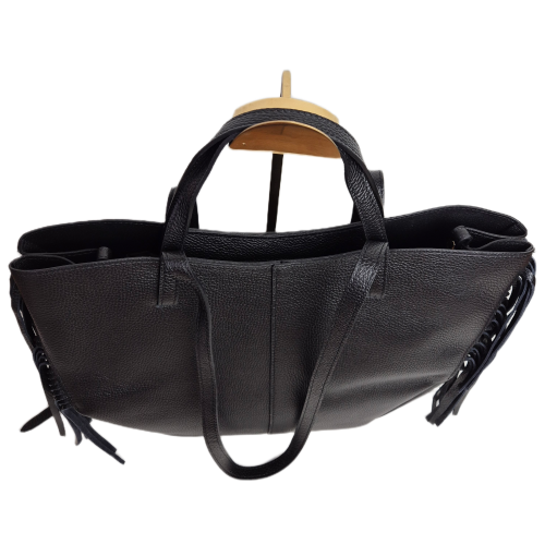 Borse in Pelle duża czarna włoska torebka shopper z frędzlami skóra naturalna boho włoska pojemna shopperka licowa czarna