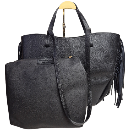 Borse in Pelle duża czarna włoska torebka shopper z frędzlami skóra naturalna boho włoska pojemna shopperka licowa czarna