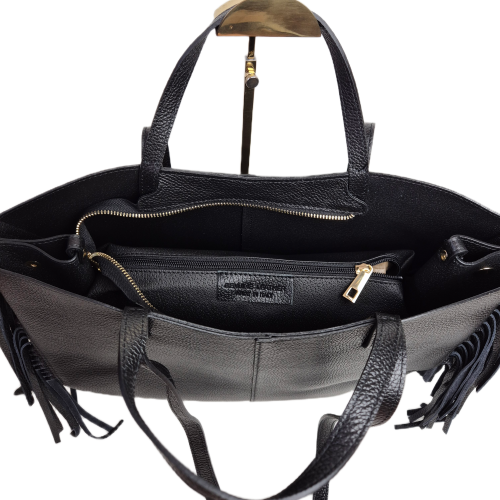 Borse in Pelle duża czarna włoska torebka shopper z frędzlami skóra naturalna boho włoska pojemna shopperka licowa czarna