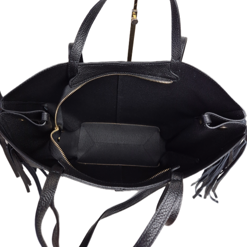 Borse in Pelle duża czarna włoska torebka shopper z frędzlami skóra naturalna boho włoska pojemna shopperka licowa czarna