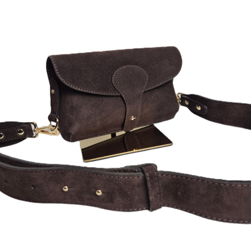 Laura Biaggi mała brązowa torebka listonoszka zamszowa czekoladowa instagramka włoska torebka crossbody saszetka skóra naturalna zamszowa