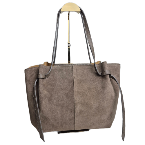 Borse in Pelle duża pojemna torebka shopper z magnesami zamszowa beżowa taupe skóra naturalna zamszowa włoska pojemna torebka shopperka z napami