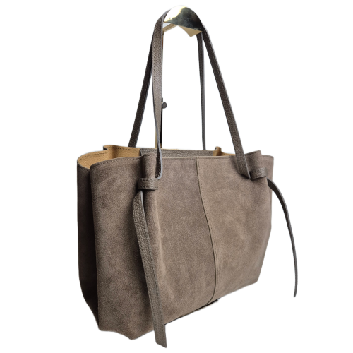 Borse in Pelle duża pojemna torebka shopper z magnesami zamszowa beżowa taupe skóra naturalna zamszowa włoska pojemna torebka shopperka z napami