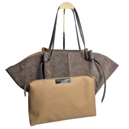 Borse in Pelle duża pojemna torebka shopper z magnesami zamszowa beżowa taupe skóra naturalna zamszowa włoska pojemna torebka shopperka z napami