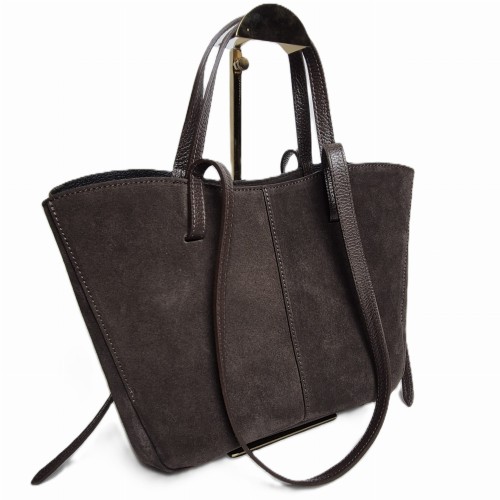 Laura Biaggi duża torebka damska shopper bag czekoladowa brązowa skórzana zamszowa włoska skóra naturalna z magnesami idealna na codzień na ramię 