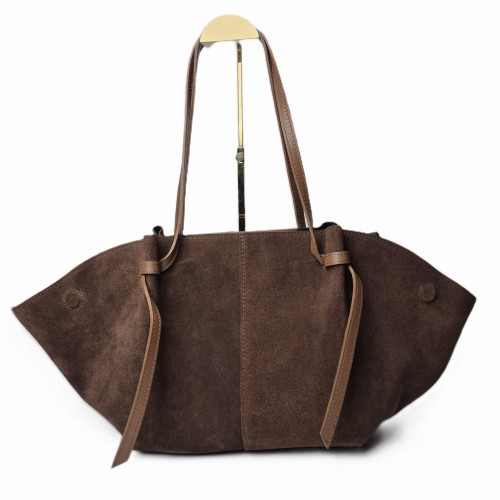 Borse in Pelle duża pojemna torebka shopper z magnesami zamszowa brązowa czekoladowa kasztanowa skóra naturalna zamszowa włoska pojemna torebka shopperka z napami
