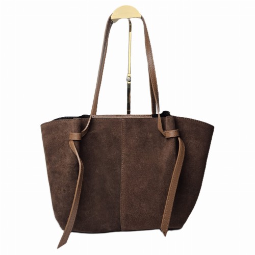 Borse in Pelle duża pojemna torebka shopper z magnesami zamszowa brązowa czekoladowa kasztanowa skóra naturalna zamszowa włoska pojemna torebka shopperka z napami