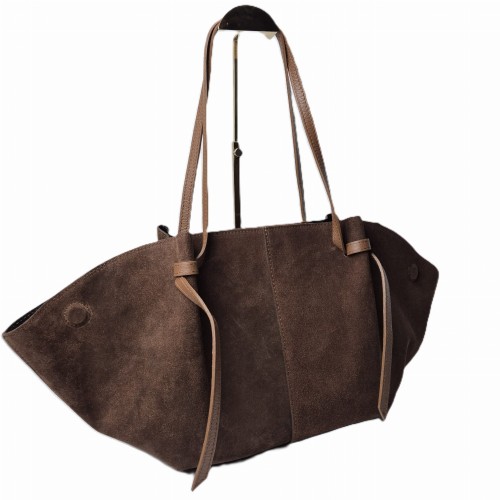 Borse in Pelle duża pojemna torebka shopper z magnesami zamszowa brązowa czekoladowa kasztanowa skóra naturalna zamszowa włoska pojemna torebka shopperka z napami