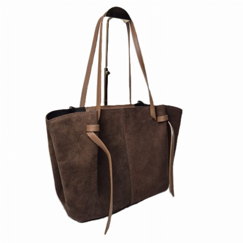 Borse in Pelle duża pojemna torebka shopper z magnesami zamszowa brązowa czekoladowa kasztanowa skóra naturalna zamszowa włoska pojemna torebka shopperka z napami