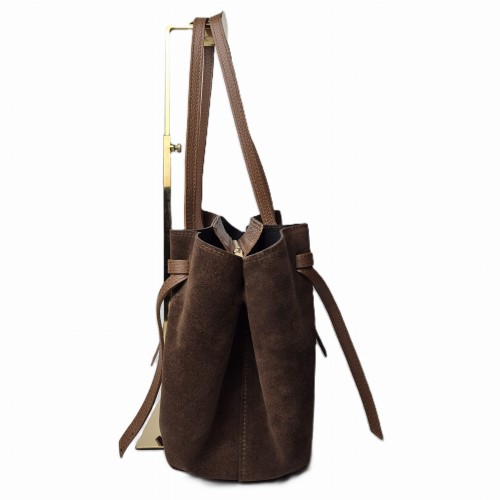 Borse in Pelle duża pojemna torebka shopper z magnesami zamszowa brązowa czekoladowa kasztanowa skóra naturalna zamszowa włoska pojemna torebka shopperka z napami