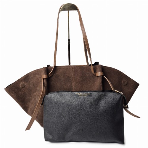 Borse in Pelle duża pojemna torebka shopper z magnesami zamszowa brązowa czekoladowa kasztanowa skóra naturalna zamszowa włoska pojemna torebka shopperka z napami
