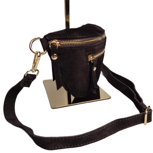Laura Biaggi, duża zamszowa nerka skórzana brązowa czekoladowa skóra naturalna zamszowa włoska torebka damska listonoszka crossbody TS04-505