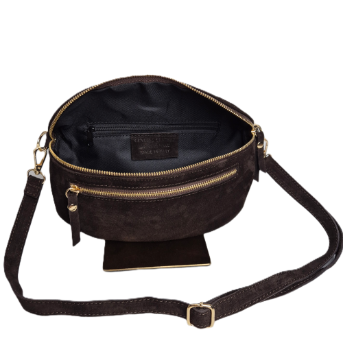 Laura Biaggi, duża zamszowa nerka skórzana brązowa czekoladowa skóra naturalna zamszowa włoska torebka damska listonoszka crossbody TS04-505