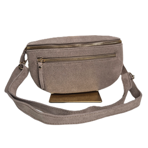Laura Biaggi, duża zamszowa nerka skórzana beżowa taupe skóra naturalna zamszowa włoska torebka damska listonoszka crossbody TS04-505