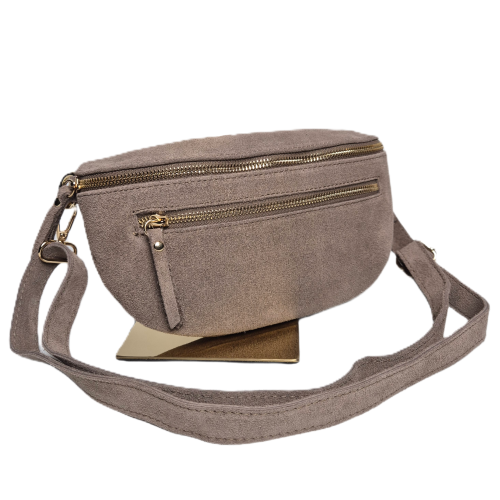 Laura Biaggi, duża zamszowa nerka skórzana beżowa taupe skóra naturalna zamszowa włoska torebka damska listonoszka crossbody TS04-505