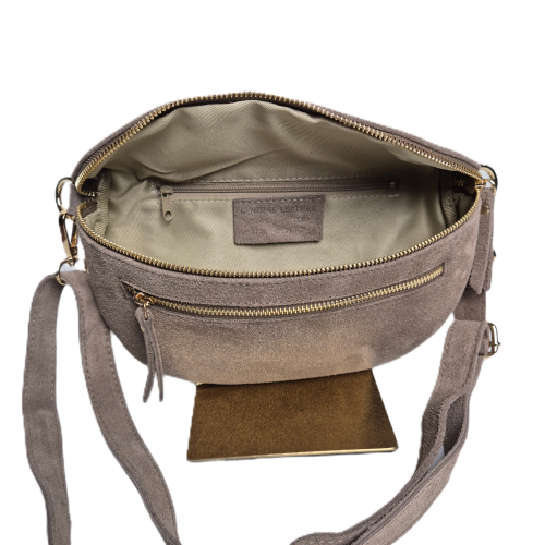 Laura Biaggi, duża zamszowa nerka skórzana beżowa taupe skóra naturalna zamszowa włoska torebka damska listonoszka crossbody TS04-505