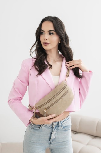 Laura Biaggi, duża zamszowa nerka skórzana beżowa taupe skóra naturalna zamszowa włoska torebka damska listonoszka crossbody TS04-505