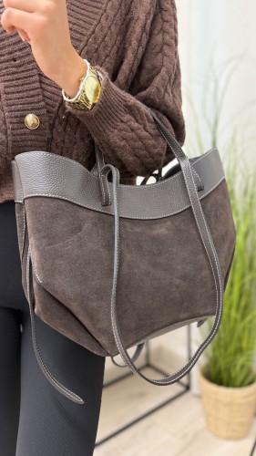 Laura Biaggi duża zamszowa skórzana torebka damska shopper bag czekoladowa brązowa włoska skóra naturalna z licowymi dodatkami A4 na ramię na codzień do pracy
