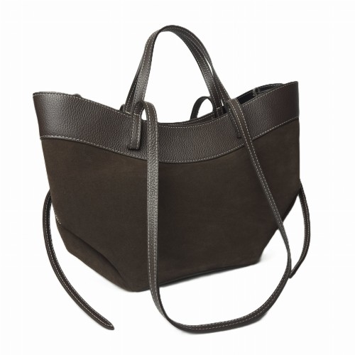 Laura Biaggi duża zamszowa skórzana torebka damska shopper bag czekoladowa brązowa włoska skóra naturalna z licowymi dodatkami A4 na ramię na codzień do pracy