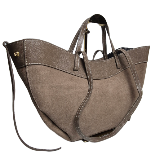 Laura Biaggi torebka damska typu mini shopper z napami skóra naturalna beżowa taupe elegancka włoska torebka mini shopper rozpinana z kosmetyczką do pracy na co dzień TS116-45