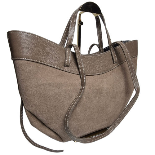 Laura Biaggi torebka damska typu mini shopper z napami skóra naturalna beżowa taupe elegancka włoska torebka mini shopper rozpinana z kosmetyczką do pracy na co dzień TS116-45