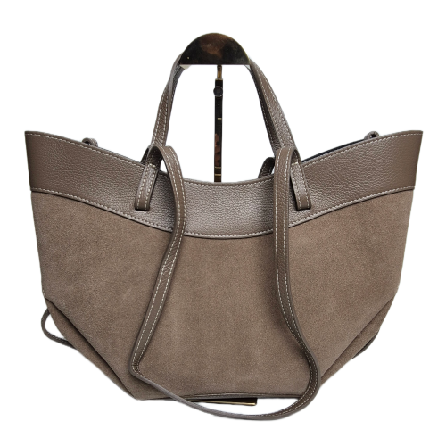 Laura Biaggi torebka damska typu mini shopper z napami skóra naturalna beżowa taupe elegancka włoska torebka mini shopper rozpinana z kosmetyczką do pracy na co dzień TS116-45