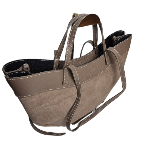 Laura Biaggi torebka damska typu mini shopper z napami skóra naturalna beżowa taupe elegancka włoska torebka mini shopper rozpinana z kosmetyczką do pracy na co dzień TS116-45