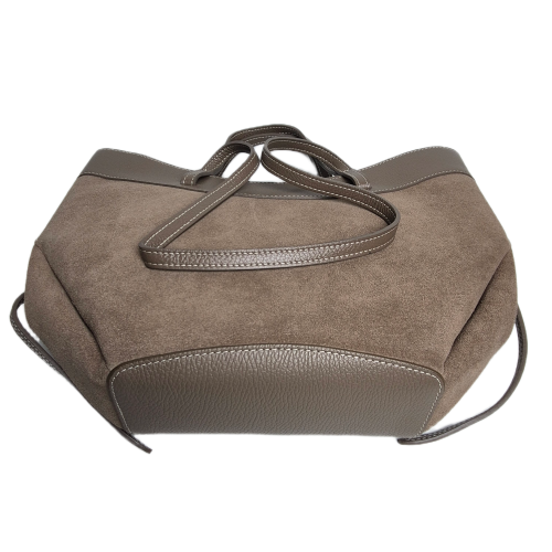 Laura Biaggi torebka damska typu mini shopper z napami skóra naturalna beżowa taupe elegancka włoska torebka mini shopper rozpinana z kosmetyczką do pracy na co dzień TS116-45