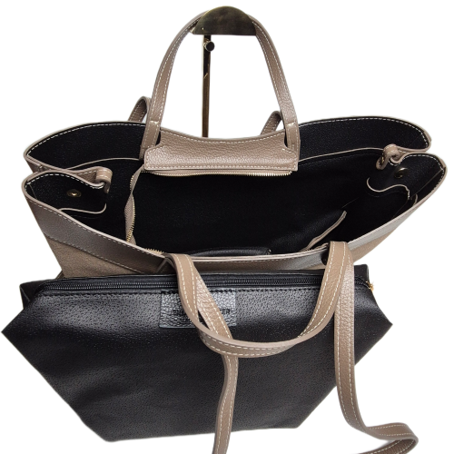 Laura Biaggi torebka damska typu mini shopper z napami skóra naturalna beżowa taupe elegancka włoska torebka mini shopper rozpinana z kosmetyczką do pracy na co dzień TS116-45