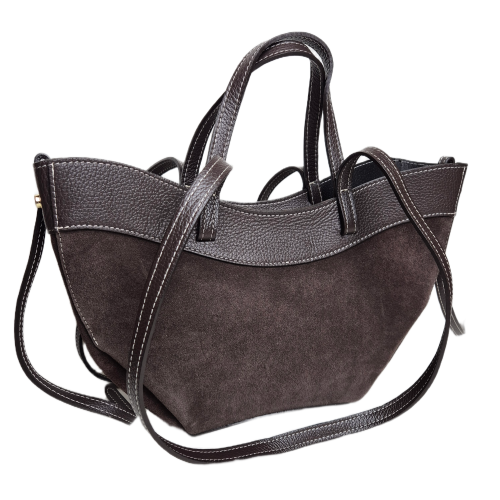 Laura Biaggi torebka damska typu mini shopper z napami skóra naturalna brązowa czekoladowa elegancka włoska torebka mini shopper rozpinana z kosmetyczką do pracy na co dzień TS116-45