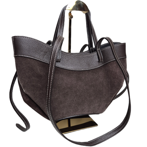 Laura Biaggi torebka damska typu mini shopper z napami skóra naturalna brązowa czekoladowa elegancka włoska torebka mini shopper rozpinana z kosmetyczką do pracy na co dzień TS116-45