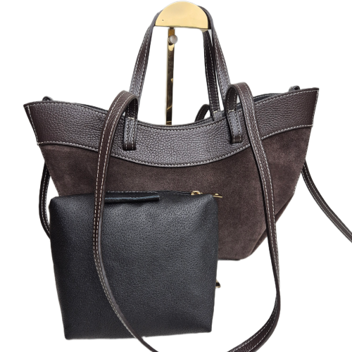 Laura Biaggi torebka damska typu mini shopper z napami skóra naturalna brązowa czekoladowa elegancka włoska torebka mini shopper rozpinana z kosmetyczką do pracy na co dzień TS116-45