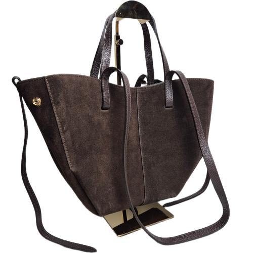 Borse in Pelle włoska torebka zamszowa mini shopper brązowa czekoladowa skóra naturalna z napami elegancka torebka zamszowa z kosmetyczką rozpinana