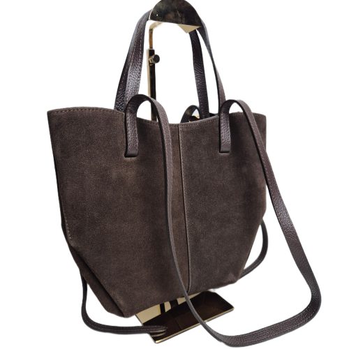 Borse in Pelle włoska torebka zamszowa mini shopper brązowa czekoladowa skóra naturalna z napami elegancka torebka zamszowa z kosmetyczką rozpinana