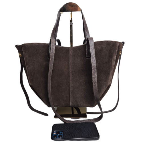 Borse in Pelle włoska torebka zamszowa mini shopper brązowa czekoladowa skóra naturalna z napami elegancka torebka zamszowa z kosmetyczką rozpinana